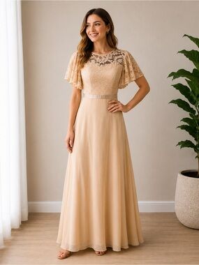 Dress Tells Beige Lace Maxi Gown Size M